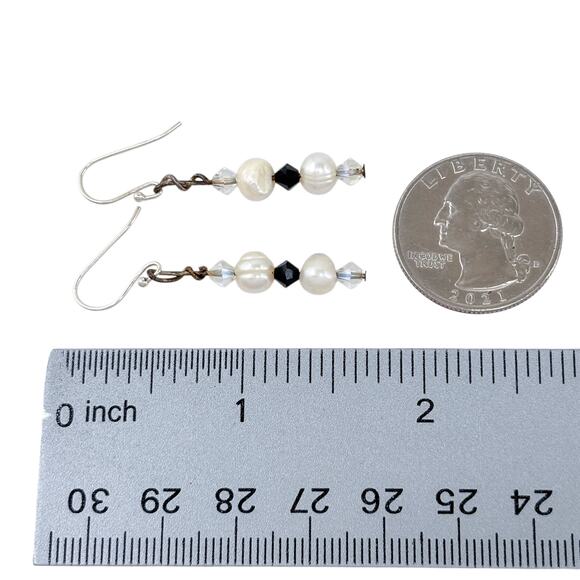 Estate Silver-Tone White Pearl Crystal Dangle Earrings - Picture 5 of 6